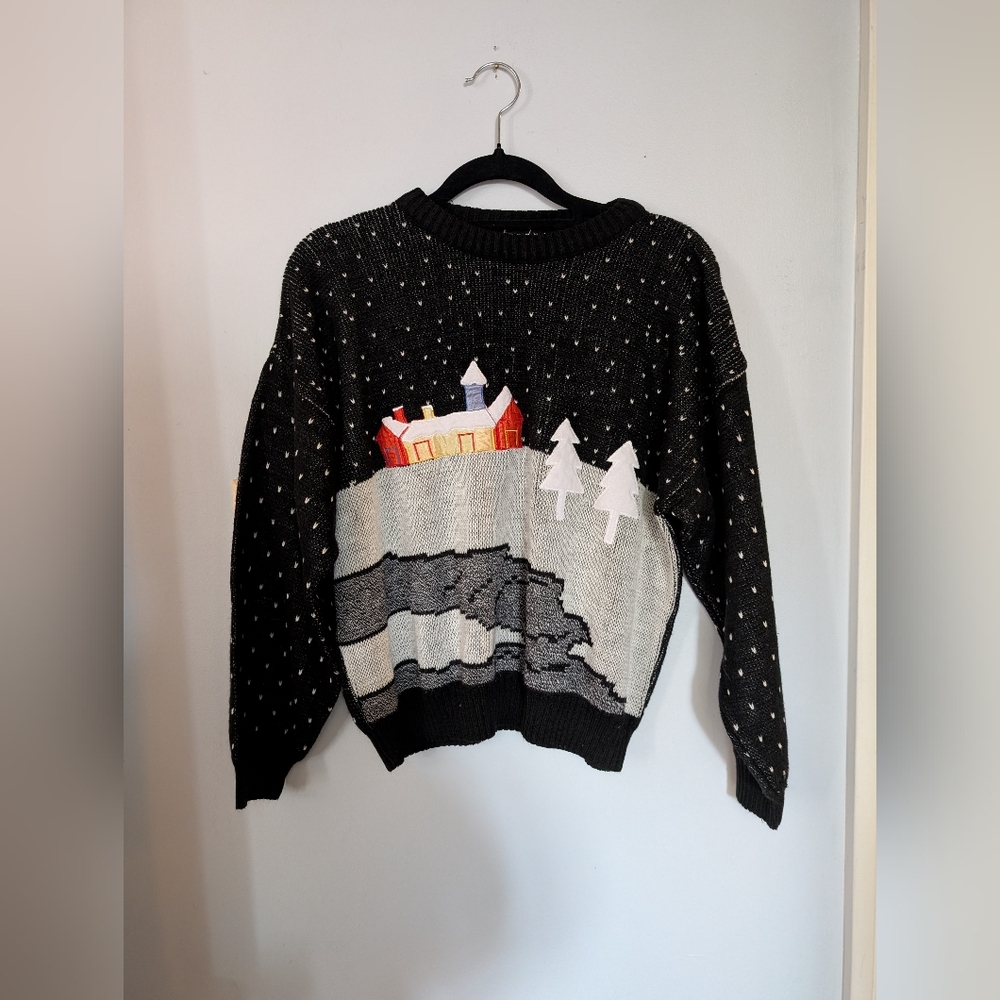 Vintage Winter Cottage Scene Sweater – Black & Grey Knit – Applique - Picture 2 of 7